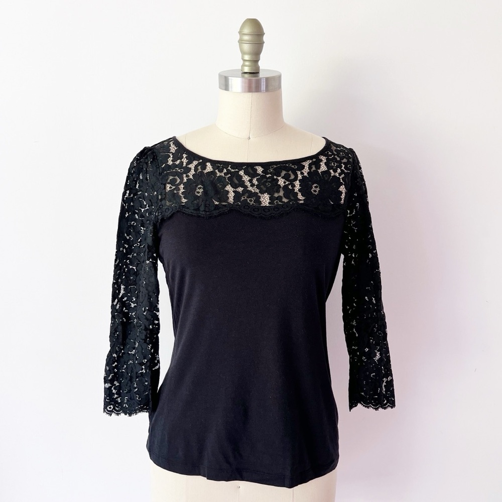 C. Wonder Top Black Lace Yoke 3/4 Sleeve Boat Neck Small Goth Whimsigoth Sheer